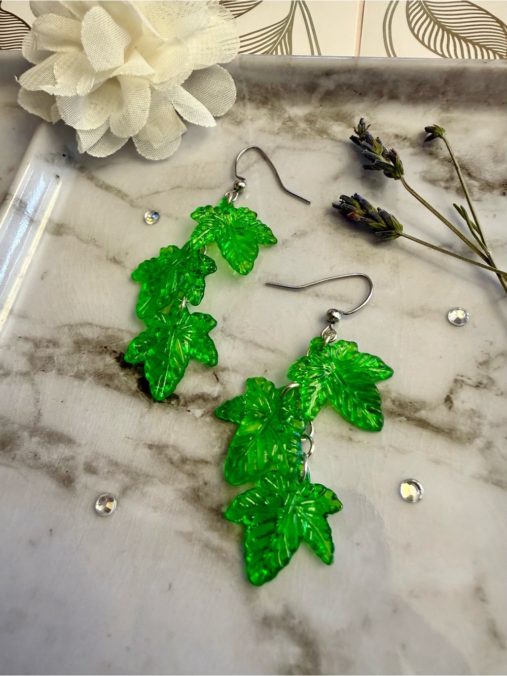 Green Leaf Dangle Earrings - handmade